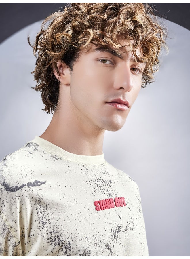 Maniac Maniac Mens Spray Printed Round Neck Half Sleeve Cream Cotton T-Shirt  - Image 5