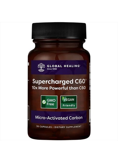 Global Healing Supercharged C60 - Micro-Activated Carbon Fullerene w/Organic MCT Powder, 10 Times More Powerful Than Regular C60 Supplements - Helps Detoxification, Aging (30 Capsules)
