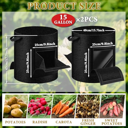 UJG 2 Pack 15 Gallon Potato Grow Bags with Pull-Down Harvest Window, Potato Bags for Growing Potatoes Heavy Duty Thickened Nonwoven Fabric Gardening Vegetable Growing Bags with Visible Window - Image 2