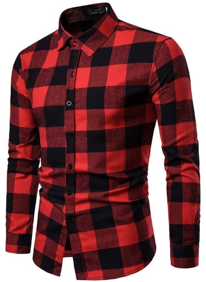 NIBEMINENT Turn Down Collar Long Sleeve Shirt Red/Black 