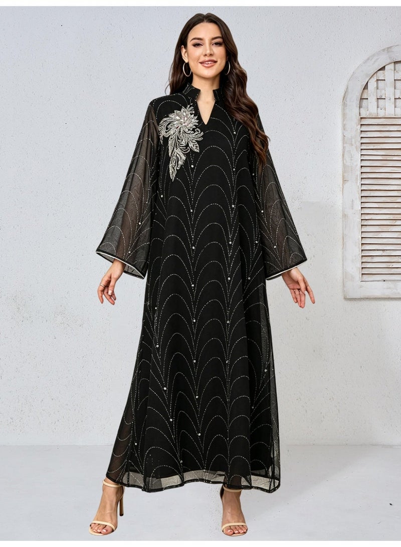 Kaiyuede Abaya Eid Wedding Black Rhinestone Shimmer Floral Embroidery Mesh Sleeve Mandarin Collar V-Neck Opaque Lined S-XL - Image 1