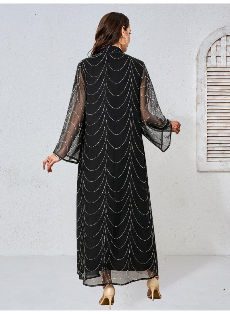 Kaiyuede Abaya Eid Wedding Black Rhinestone Shimmer Floral Embroidery Mesh Sleeve Mandarin Collar V-Neck Opaque Lined S-XL - Image 2