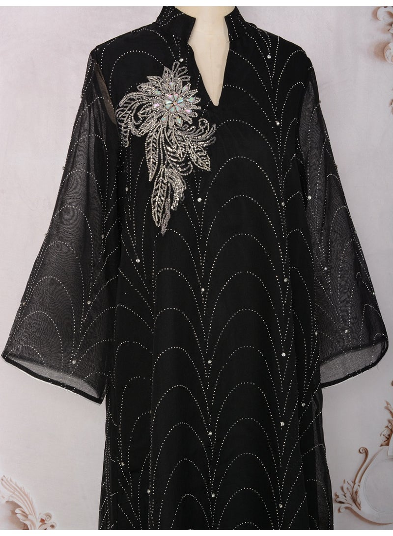 Kaiyuede Abaya Eid Wedding Black Rhinestone Shimmer Floral Embroidery Mesh Sleeve Mandarin Collar V-Neck Opaque Lined S-XL - Image 5