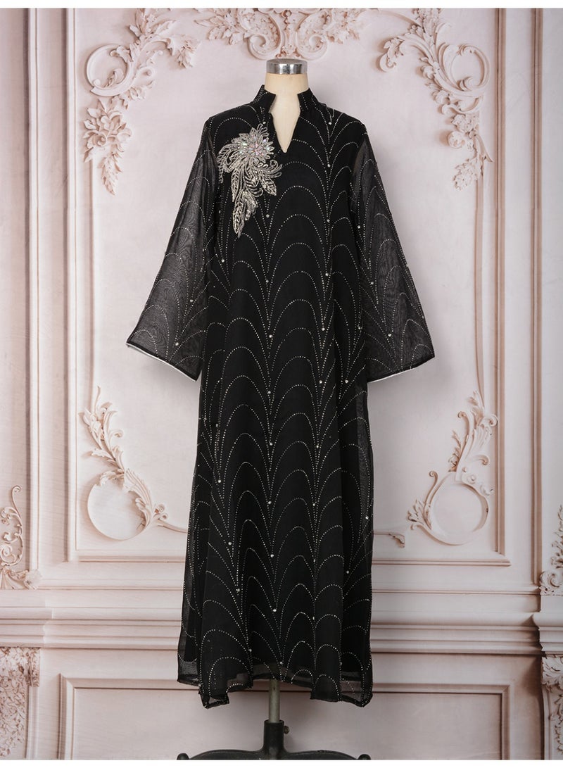 Kaiyuede Abaya Eid Wedding Black Rhinestone Shimmer Floral Embroidery Mesh Sleeve Mandarin Collar V-Neck Opaque Lined S-XL - Image 4