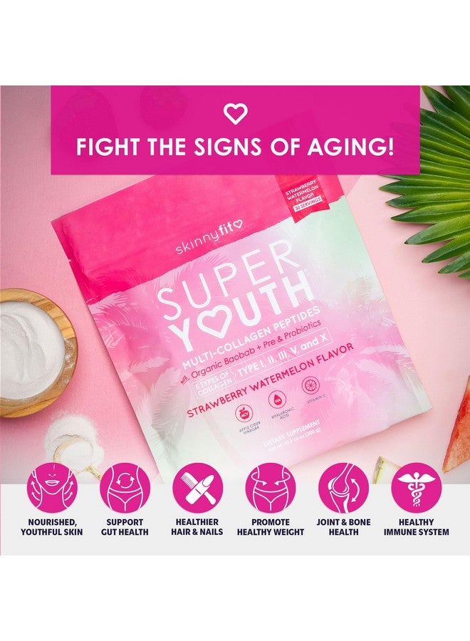 سكيني فيت - شباب فائق، بنكهة الفراولة والبطيخ (30 حصة) - مسحوق ببتيدات الكولاجين المتعددة - بروبيوتيك، ألياف، حمض الهيالورونيك - كولاجين للنساء - غير معدل وراثيًا، خالٍ من الغلوتين والسكر - العناية الذاتية - Image 2