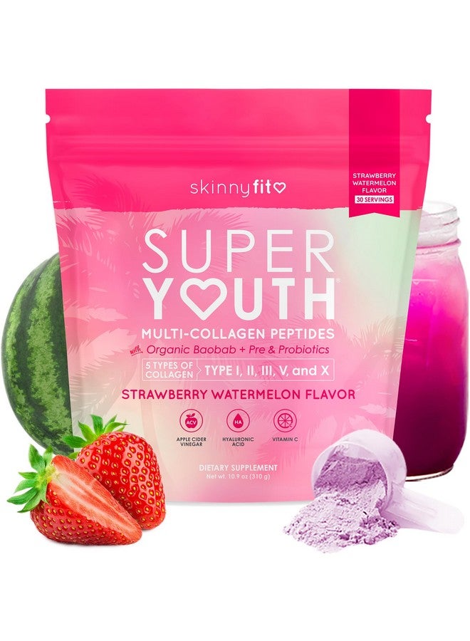 سكيني فيت - شباب فائق، بنكهة الفراولة والبطيخ (30 حصة) - مسحوق ببتيدات الكولاجين المتعددة - بروبيوتيك، ألياف، حمض الهيالورونيك - كولاجين للنساء - غير معدل وراثيًا، خالٍ من الغلوتين والسكر - العناية الذاتية - Image 1