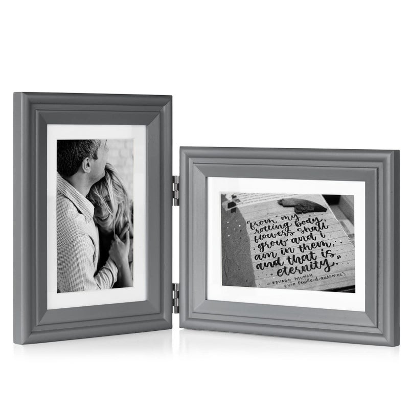 Tamolus 5X7 Double Wooden Hinged Picture Frame Vertical and Horizontal in Gray  Display 4x6 with Mat or 5x7 without Mat  Folding Photo Frame with Real Glass Front for Tabletop X2-HUI-SH57 - Image 1