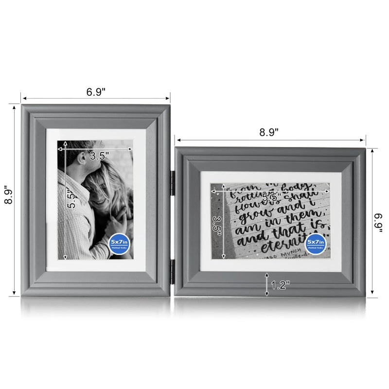 Tamolus 5X7 Double Wooden Hinged Picture Frame Vertical and Horizontal in Gray  Display 4x6 with Mat or 5x7 without Mat  Folding Photo Frame with Real Glass Front for Tabletop X2-HUI-SH57 - Image 2