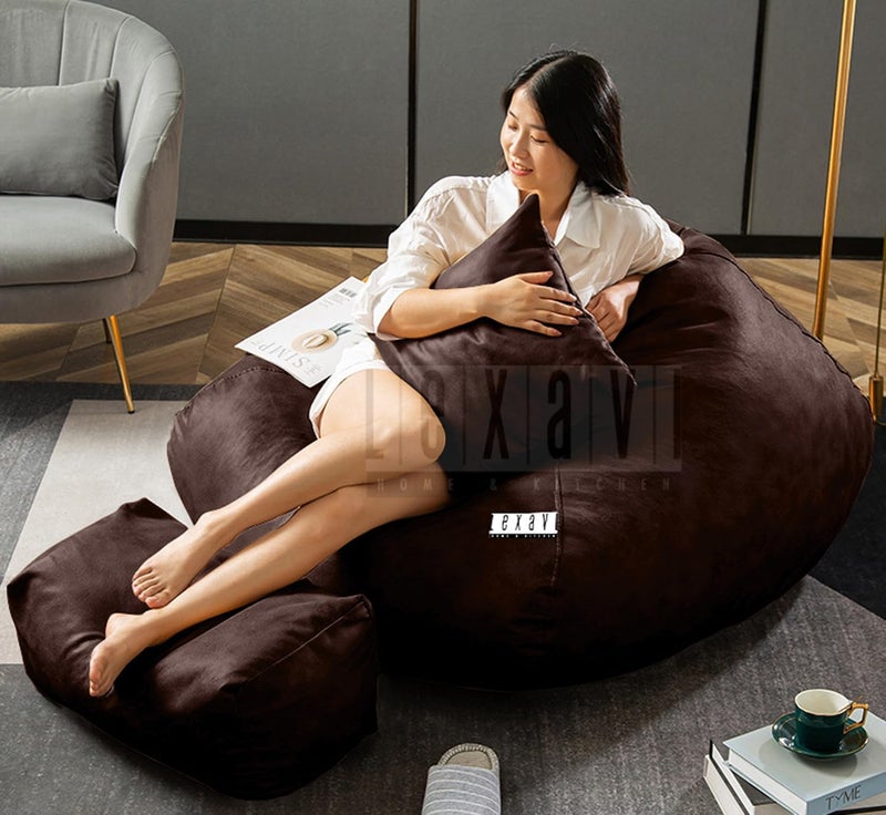 LEXAVI Brand - 5Xl Imported Soft Oxford Leather Bean Bag With Rectangular Extra Comfortable Footrest & Comfy Cushion With Beans Filled I Bean Bag Chair (Ready To Use) Color- (Xxxxxl - -Brown) - Image 2