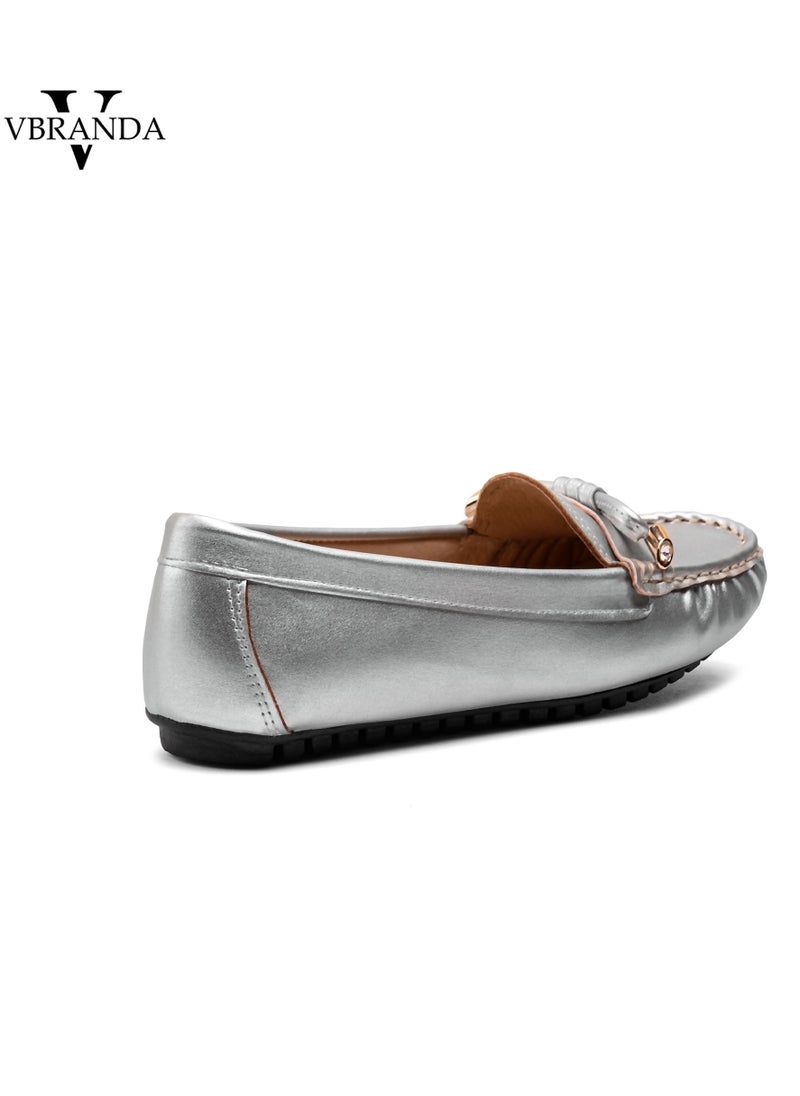 Vbranda - Elegant, High-quality Leather Flat Ballerina With A Bow On The Front-SILVER - Image 1