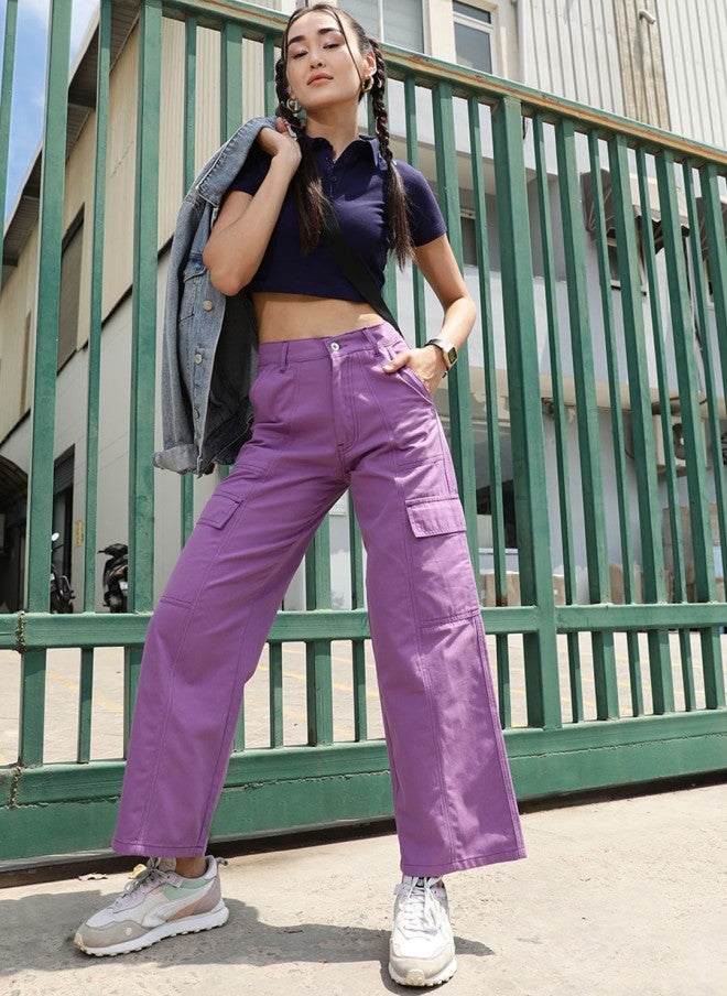 STREET 9 بنطلون كارجو نسائي بخصر مرتفع مريح باللون اللافندر - Image 4