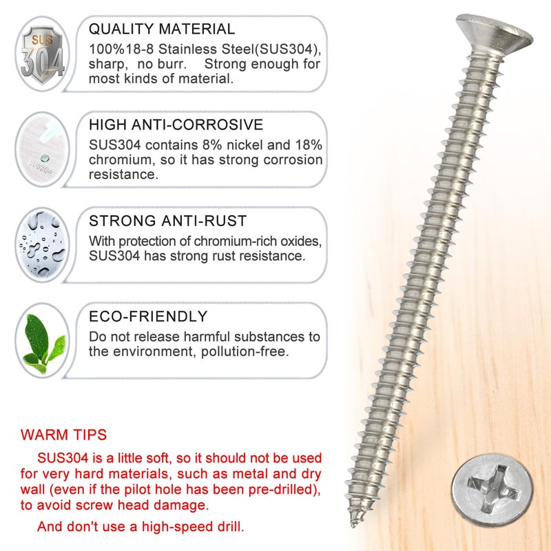 Kinder Wood Screws - 15PCS Flat Head Phillips Screws, 304 Stainless Steel Screw (#14 x 3) - Image 2