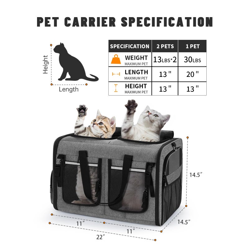 Groxkox Cat Carrier for 2 Cats, Foldable Double Cat and Dog Carrier, Small to Medium Size, 2 Front Zippered Compartments,Two Pets Carrier for Travel,Mulitple Cat Carrier (Dark Gray with Flat Pocket) - Image 2