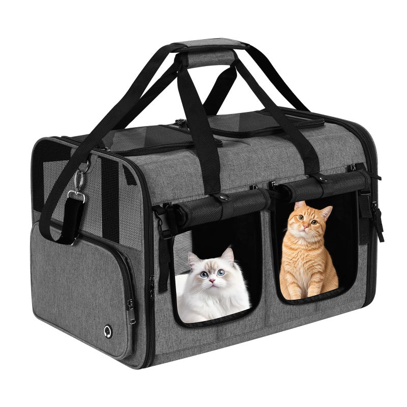 Groxkox Cat Carrier for 2 Cats, Foldable Double Cat and Dog Carrier, Small to Medium Size, 2 Front Zippered Compartments,Two Pets Carrier for Travel,Mulitple Cat Carrier (Dark Gray with Flat Pocket) - Image 1
