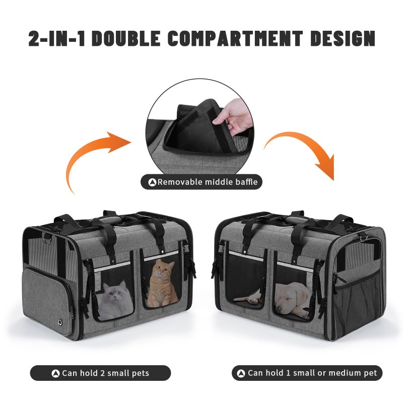 Groxkox Cat Carrier for 2 Cats, Foldable Double Cat and Dog Carrier, Small to Medium Size, 2 Front Zippered Compartments,Two Pets Carrier for Travel,Mulitple Cat Carrier (Dark Gray with Flat Pocket) - Image 3