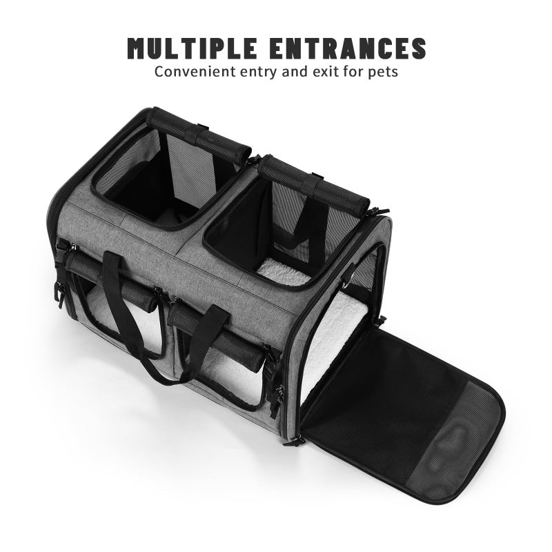 Groxkox Cat Carrier for 2 Cats, Foldable Double Cat and Dog Carrier, Small to Medium Size, 2 Front Zippered Compartments,Two Pets Carrier for Travel,Mulitple Cat Carrier (Dark Gray with Flat Pocket) - Image 4
