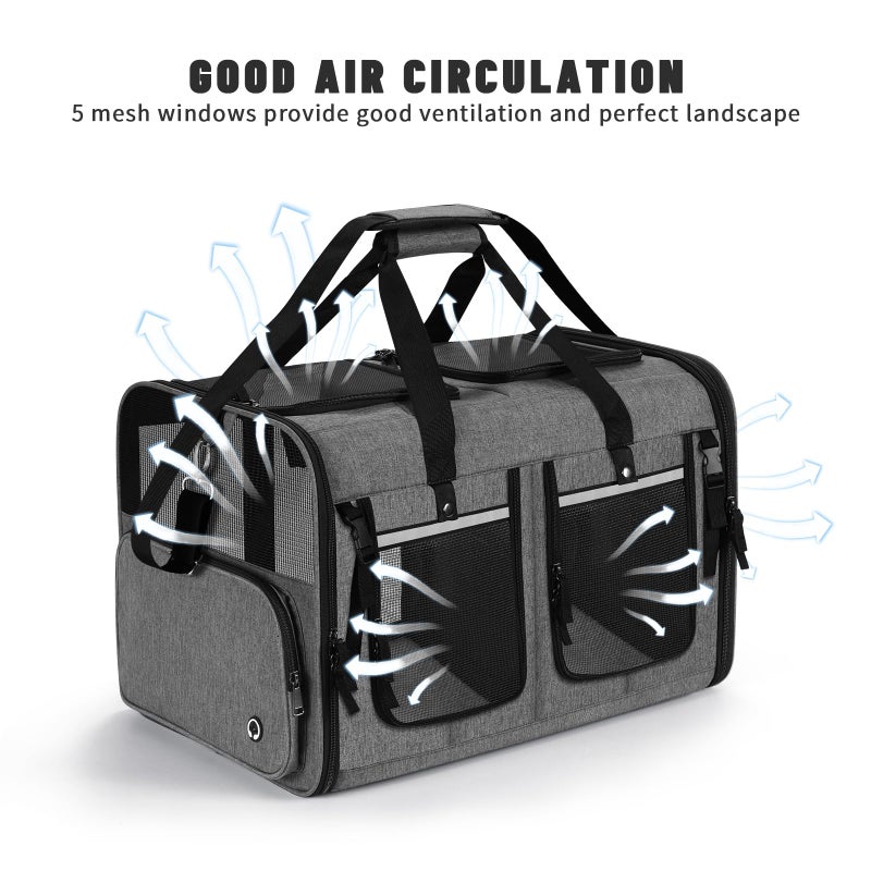 Groxkox Cat Carrier for 2 Cats, Foldable Double Cat and Dog Carrier, Small to Medium Size, 2 Front Zippered Compartments,Two Pets Carrier for Travel,Mulitple Cat Carrier (Dark Gray with Flat Pocket) - Image 5