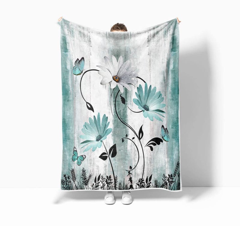 Bzhilja Rustic Farmhouse Throw Blankets  Farm Teal Daisy Floral Flowers Butterfly on Country Wooden Cozy Warm Bed Couch Blanket  Turquoise Blue White Fleece Flannel Throws to Decorate Room and Bedroom - Image 2