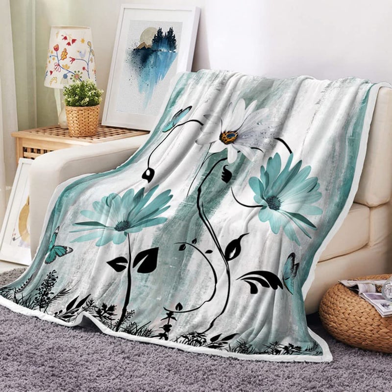 Bzhilja Rustic Farmhouse Throw Blankets  Farm Teal Daisy Floral Flowers Butterfly on Country Wooden Cozy Warm Bed Couch Blanket  Turquoise Blue White Fleece Flannel Throws to Decorate Room and Bedroom - Image 1