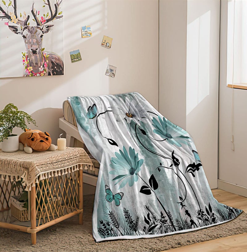 Bzhilja Rustic Farmhouse Throw Blankets  Farm Teal Daisy Floral Flowers Butterfly on Country Wooden Cozy Warm Bed Couch Blanket  Turquoise Blue White Fleece Flannel Throws to Decorate Room and Bedroom - Image 3