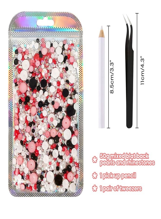 ASTARON 50g Mix Flat Back Pearls and Rhinestones for Crafts Mixed Size 3mm-10mm Flat Back Rhinestones for Crafts Flatback Pearls for DIY Tumblers Mugs Nail Art Shoes Clothes (Red Black Series) - Image 2