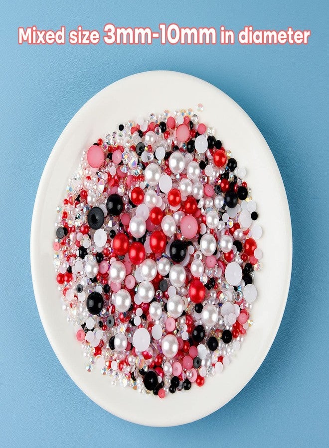 ASTARON 50g Mix Flat Back Pearls and Rhinestones for Crafts Mixed Size 3mm-10mm Flat Back Rhinestones for Crafts Flatback Pearls for DIY Tumblers Mugs Nail Art Shoes Clothes (Red Black Series) - Image 3