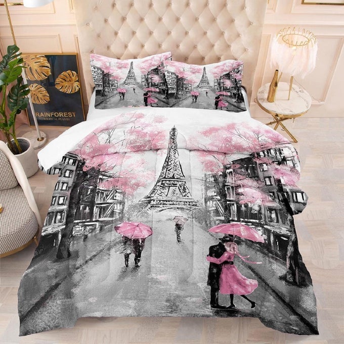 PINK PARIS EIFFEL TOWER COMFORTER SET KING SIZE FRENCH STYLE COUPLE LOVER FLOWER BEDDING SETS FOR GIRLS WOMEN KIDS QUILTED DUVET 1 COMFORTER 2 PILLOW CASES