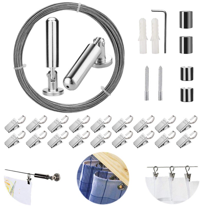 PINOWU [5 Meters] Wall Mount Curtain Wire Rod Set with (20 Hanging Clips) - Pinowu Stainless Steel Picture Hanging Wire Clothesline Wire Multi-purpose Set Hang Photo Notes, Art - Image 1