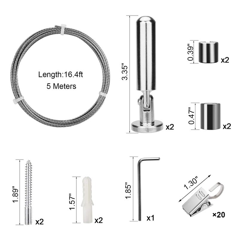 PINOWU [5 Meters] Wall Mount Curtain Wire Rod Set with (20 Hanging Clips) - Pinowu Stainless Steel Picture Hanging Wire Clothesline Wire Multi-purpose Set Hang Photo Notes, Art - Image 2