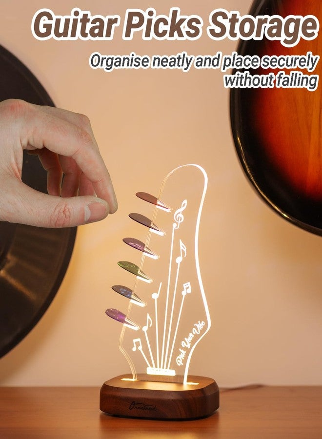 Onmiwod Light Up Guitar Pick Holder with 6 Picks, Acacia Wood & Acrylic Guitar Headstock Shaped Pick Holder Case for Guitar Pick Storage & Display, Guitar Music Accessories Gifts for Men Lover Player - Image 3