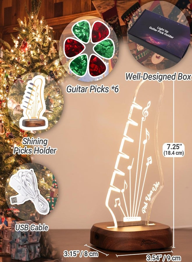 Onmiwod Light Up Guitar Pick Holder with 6 Picks, Acacia Wood & Acrylic Guitar Headstock Shaped Pick Holder Case for Guitar Pick Storage & Display, Guitar Music Accessories Gifts for Men Lover Player - Image 2