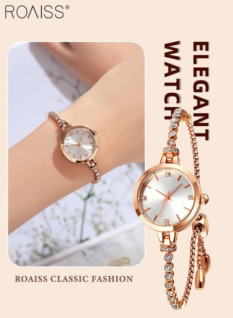 Women's Bracelet Quartz Watch with Analog Display Round Silver Dial and Rhinestones Decorated Strap Waterproof Elegant Wristwatch as Gift for Ladies