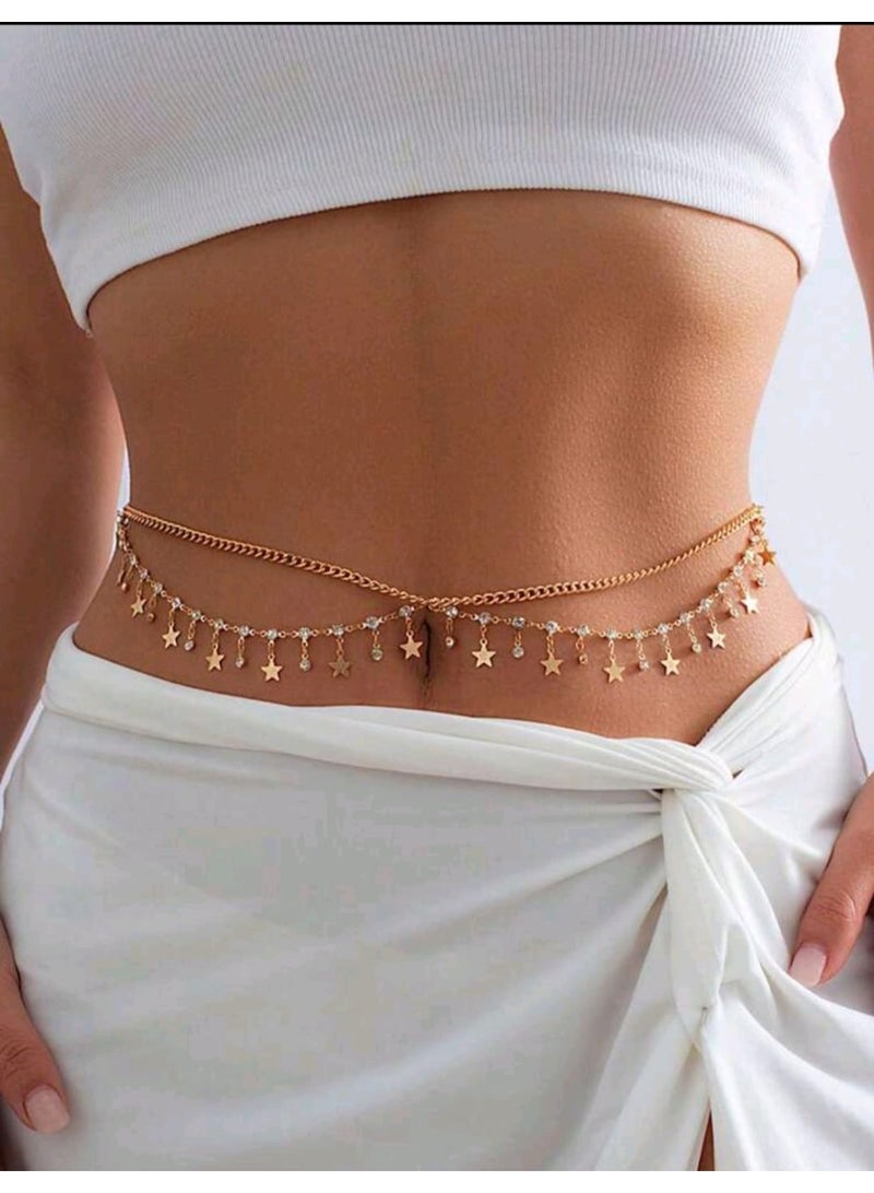 شي إن سلسلة خصر نسائية متعددة الطبقات بتصميم عتيق من حجر الراين مع قلادة على شكل نجمة، زينة خصر عصرية، قطعة واحدة - Image 1