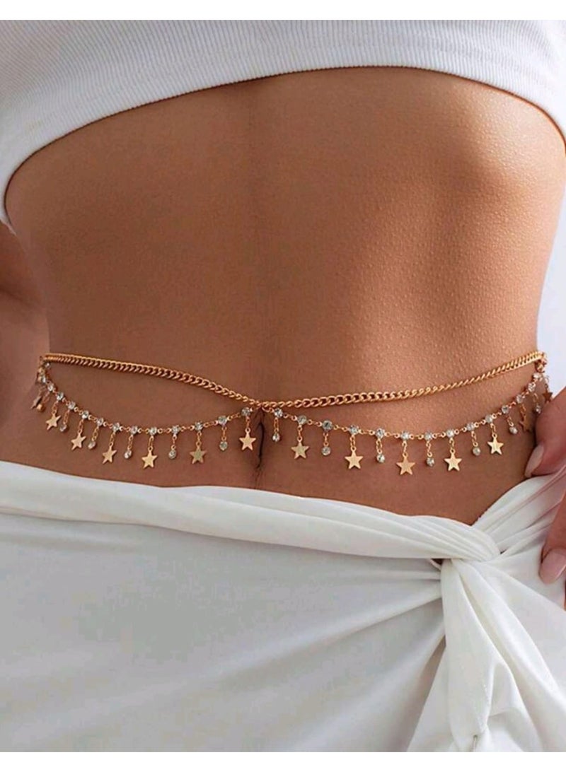 شي إن سلسلة خصر نسائية متعددة الطبقات بتصميم عتيق من حجر الراين مع قلادة على شكل نجمة، زينة خصر عصرية، قطعة واحدة - Image 4