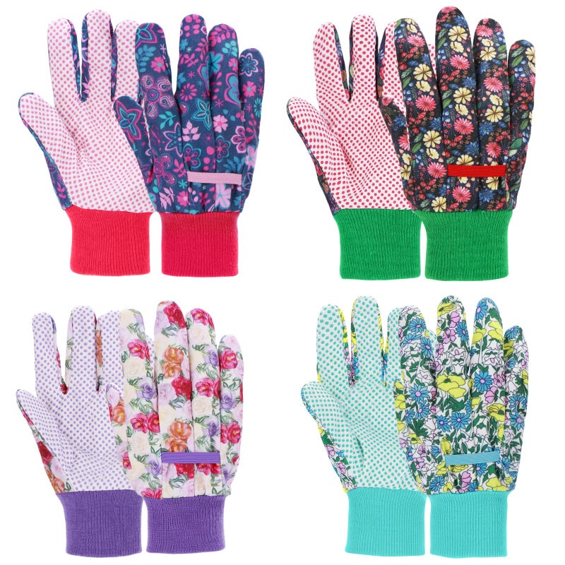 JUMPHIGH 4 Pairs Garden Gloves for Women, Floral with Non-Slip PVC Dots, Ladies Soft Breathable Yard Work Light Working Gloves, Elastic Knit Wrist, Large - Image 1