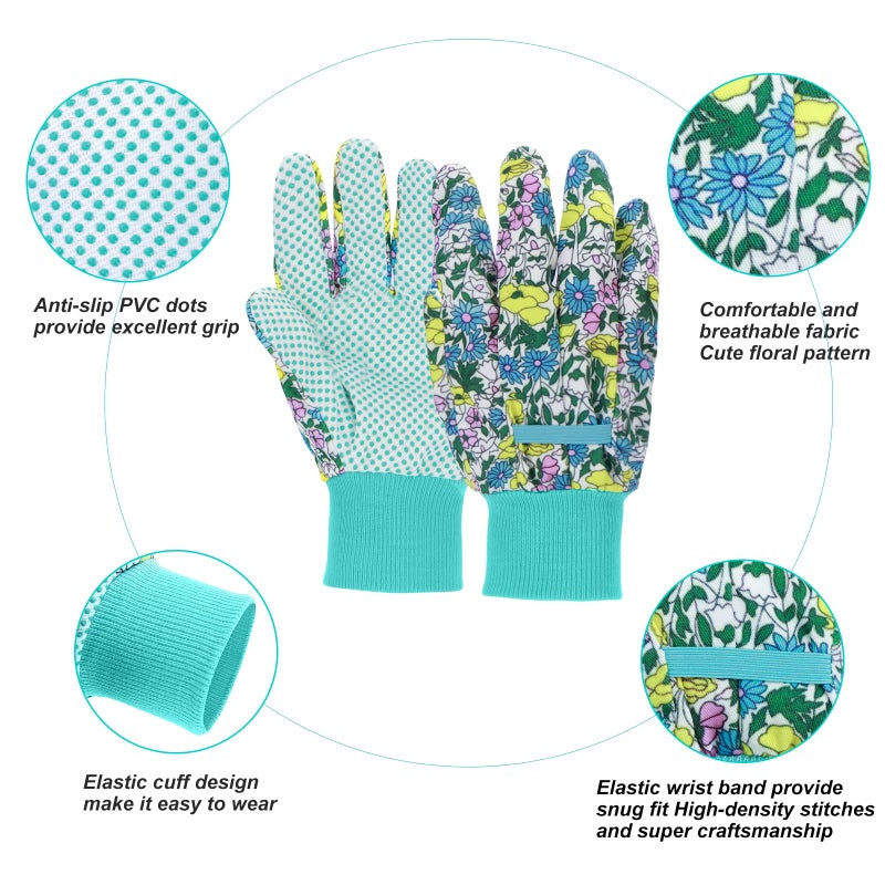 JUMPHIGH 4 Pairs Garden Gloves for Women, Floral with Non-Slip PVC Dots, Ladies Soft Breathable Yard Work Light Working Gloves, Elastic Knit Wrist, Large - Image 3