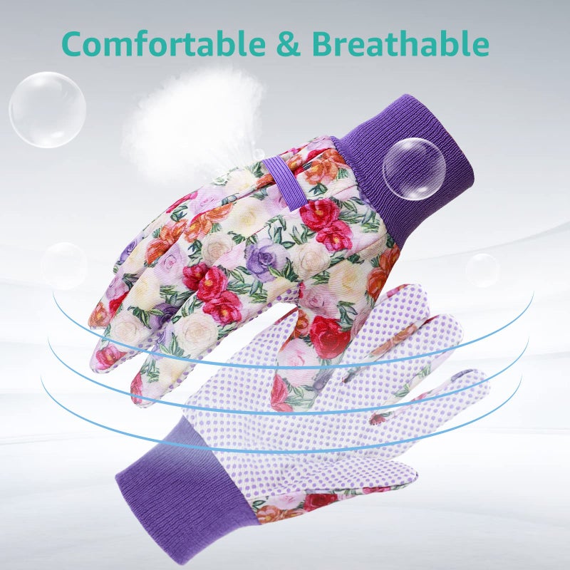 JUMPHIGH 4 Pairs Garden Gloves for Women, Floral with Non-Slip PVC Dots, Ladies Soft Breathable Yard Work Light Working Gloves, Elastic Knit Wrist, Large - Image 5