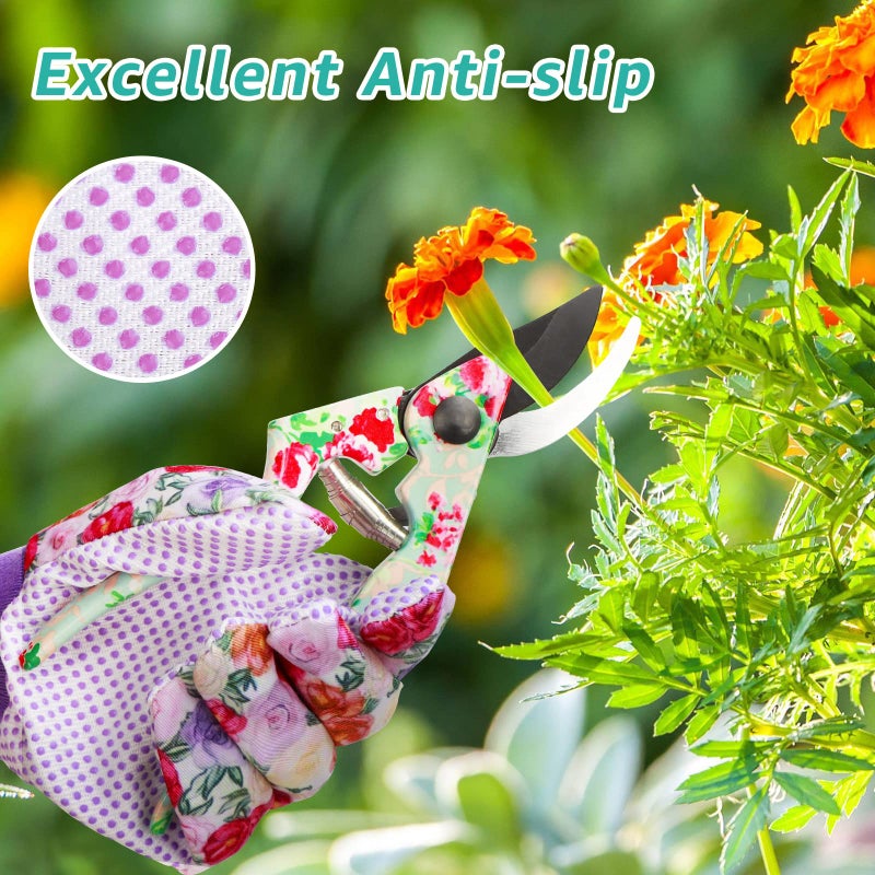 JUMPHIGH 4 Pairs Garden Gloves for Women, Floral with Non-Slip PVC Dots, Ladies Soft Breathable Yard Work Light Working Gloves, Elastic Knit Wrist, Large - Image 4