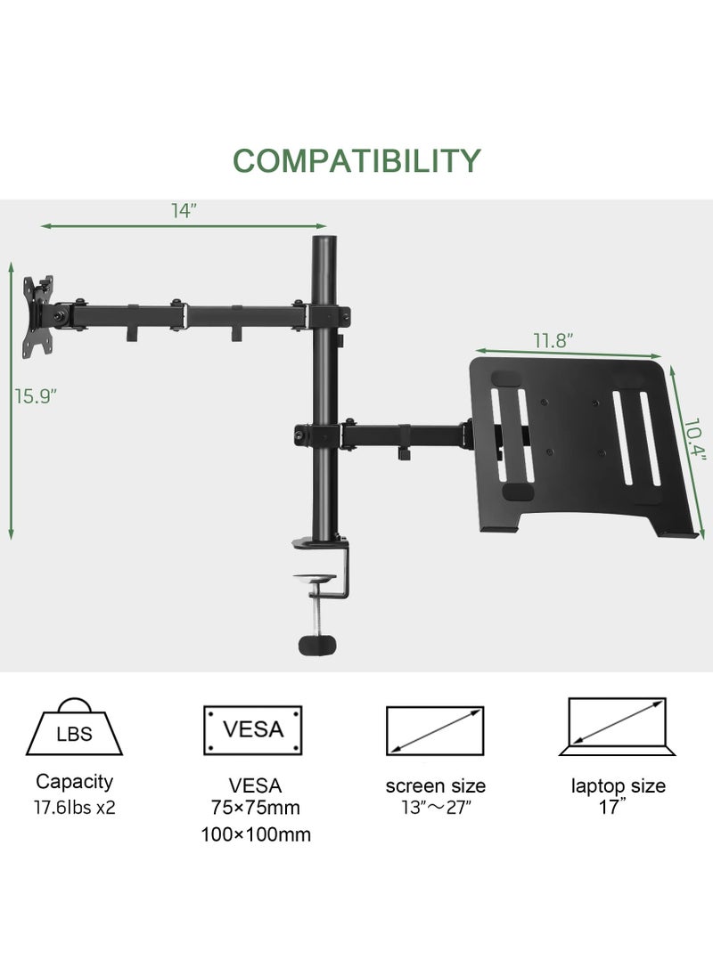 KYD - Monitor and Laptop Mount, Monitor Arm with Laptop Tray for 13 inch to 27 inch LCD Computer Screens and Notebook up to 17 inch, Fully Adjustable Laptop Mount Stand Holds up to 17.6lbs - Image 1