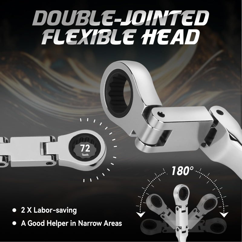 DISEN Ratcheting Wrench Set 25pcs, Flex Head Ratchet Wrenches Double Foldable, Metric 8-19mm and SAE 1/4'' -3/4'', 72-Teeth, Cr-V Steel,12 Point Combination Wrench set with Heavy Duty Case - Image 3