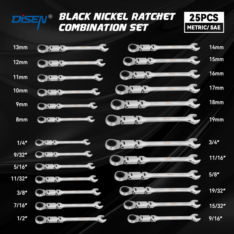 DISEN Ratcheting Wrench Set 25pcs, Flex Head Ratchet Wrenches Double Foldable, Metric 8-19mm and SAE 1/4'' -3/4'', 72-Teeth, Cr-V Steel,12 Point Combination Wrench set with Heavy Duty Case - Image 5