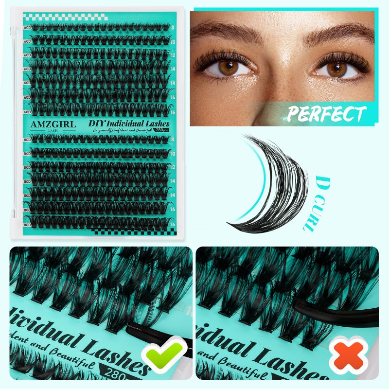 AMZGIRL LASH Lash Clusters Kit 280Pcs,60D 80D Eyelash Extension Kit,Lash Bond and Seal Waterproof,Lash Remover for Individual Cluster Lashes Kit,Lash Applicator Tool for DIY Lash Extension Kit(D-Mix9-16mm Kit) - Image 4