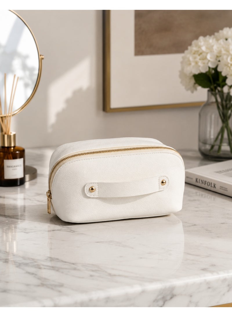 Large, organized makeup bag with multiple compartments and a modern design; suitable for travel; white. - Image 1