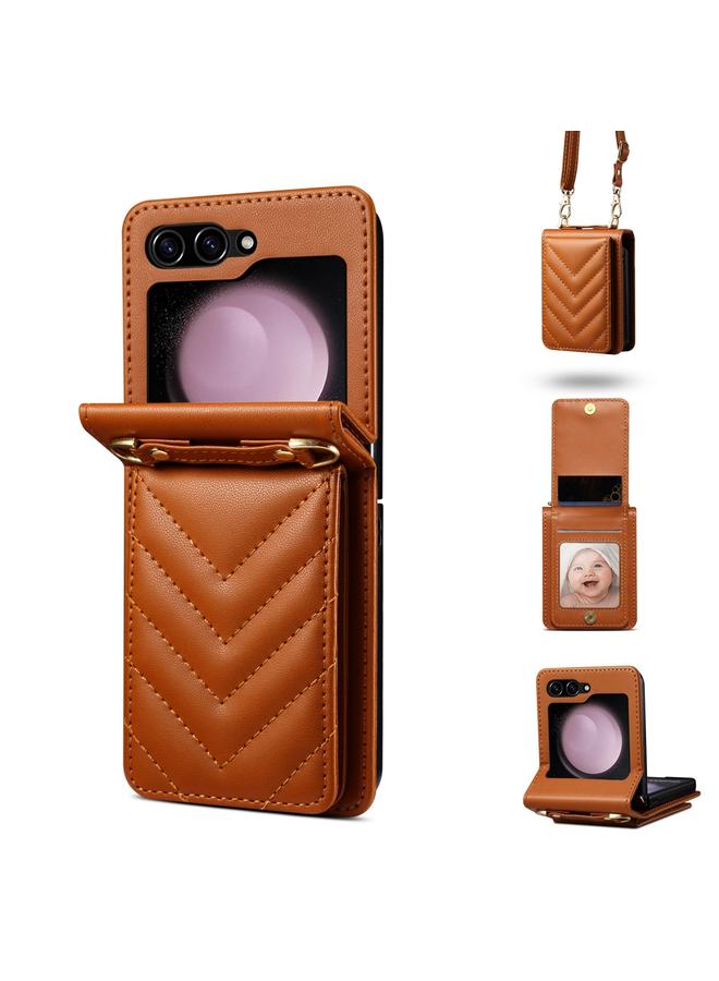 اس-توب جراب هاتف Samsung Galaxy Z Flip5 المصنوع من الجلد القابل للطي على شكل معين مع حبل طويل - Image 1