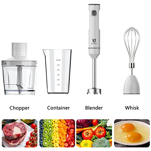 UTALENT Cordless Hand Blender, UTALENT Variable Speed Immersion Blender Rechargeable, with 500ml Chopper, 600ml container, Egg Whisk, for Smoothies, Baby Food and Soups – White - Image 3