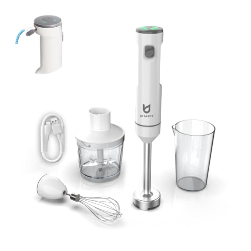 UTALENT Cordless Hand Blender, UTALENT Variable Speed Immersion Blender Rechargeable, with 500ml Chopper, 600ml container, Egg Whisk, for Smoothies, Baby Food and Soups – White - Image 1
