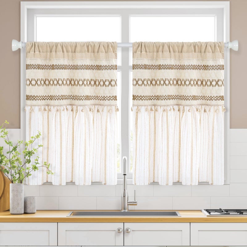 FRAMICS Farmhouse Kitchen Curtains 36 Inch Length Striped Short Curtain for Windows Boho Crochet Small Window Curtains for Kitchen Rod Pocket Light Filtering Tier Curtain for Bathroom, Cafe - Image 1