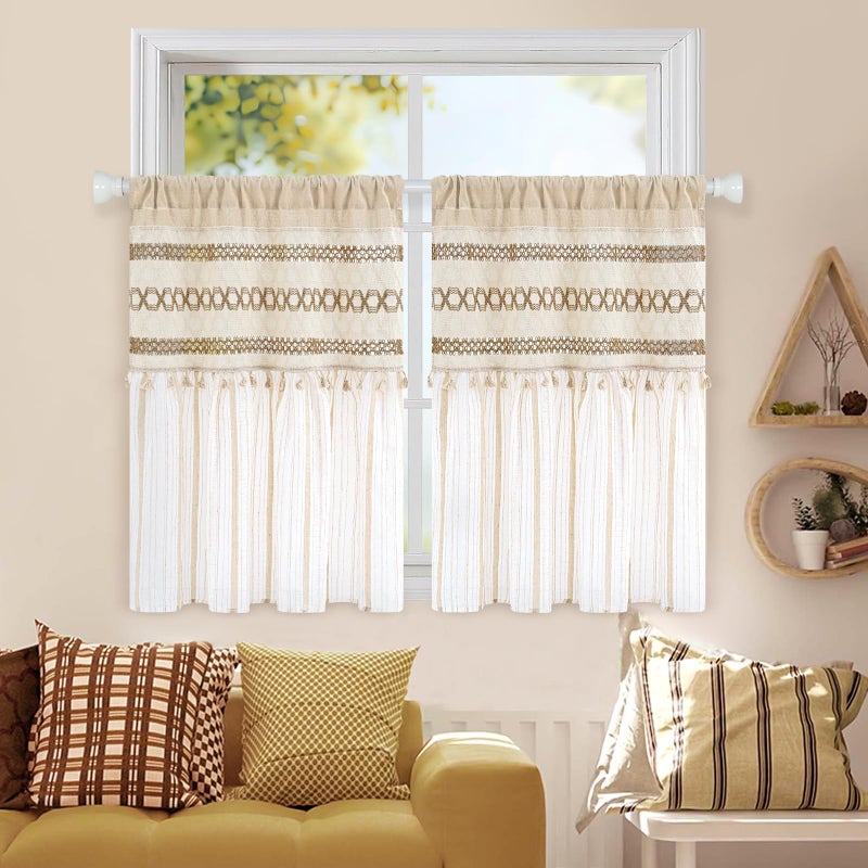 FRAMICS Farmhouse Kitchen Curtains 36 Inch Length Striped Short Curtain for Windows Boho Crochet Small Window Curtains for Kitchen Rod Pocket Light Filtering Tier Curtain for Bathroom, Cafe - Image 5