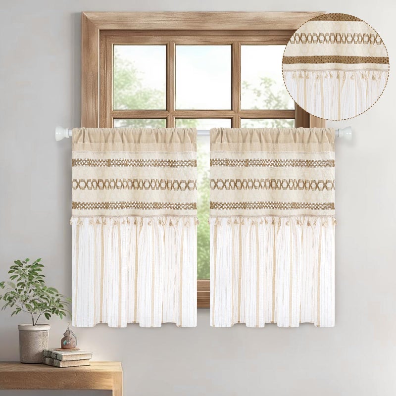 FRAMICS Farmhouse Kitchen Curtains 36 Inch Length Striped Short Curtain for Windows Boho Crochet Small Window Curtains for Kitchen Rod Pocket Light Filtering Tier Curtain for Bathroom, Cafe - Image 2
