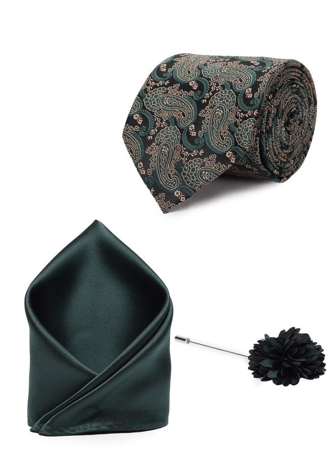 Van Heusen Men Green Party Tie Pocket Square And Lapel Pin - Image 1